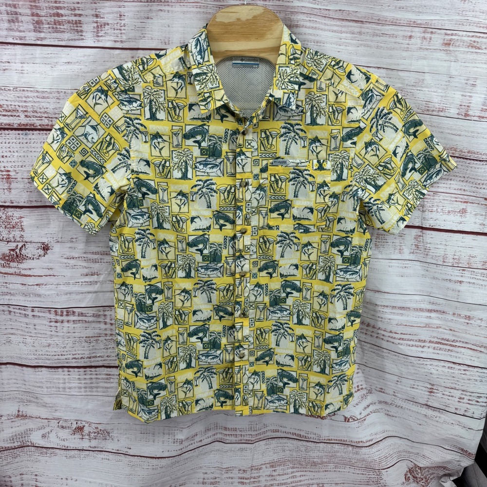 Columbia PFG Shirt Mens Medium Tropical Fish Cocktails Palm Tree Print Vented - Picture 3 of 12